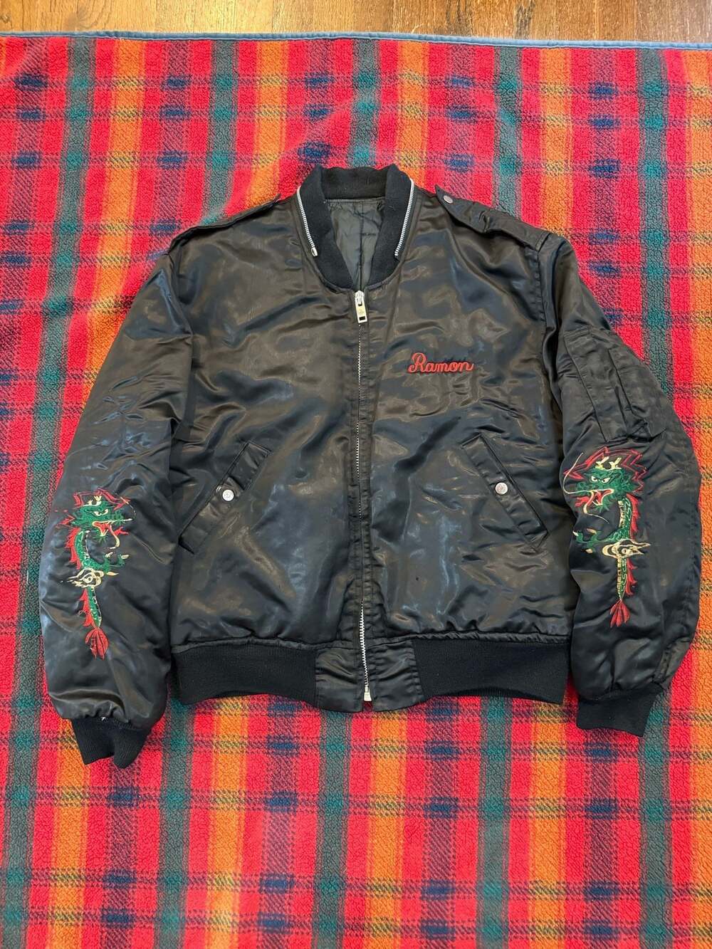 Vintage Korean Souvenir Dragon Embroidered Black Satin Bomber Jacket